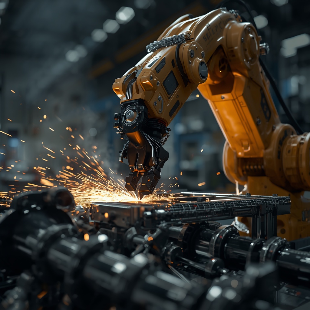 A highly detailed robotic arm performing precision welding on aerospace components in a modern factory, sparks flying, dramatic industrial lighting, photorealistic photography, macro detail
